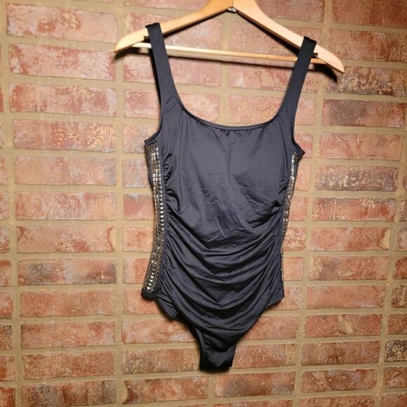 Michael Kors Shirred Maillot Black One Piece Bathing Suit Size 10 - Picture 1 of 5